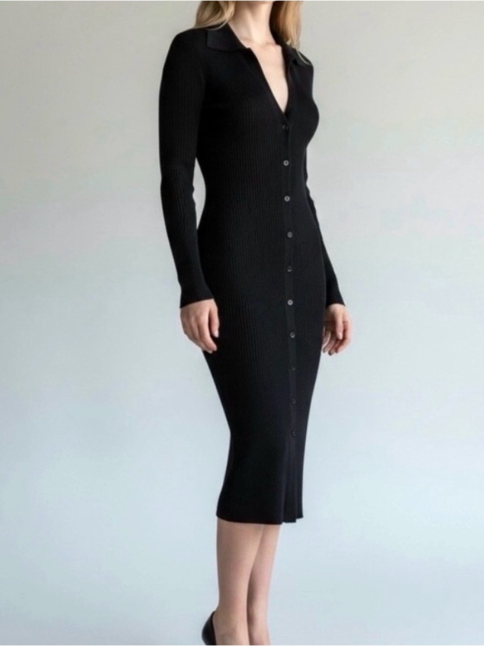 House Of Harlow 1960 Black Ribbed Button Front Sweater Dress, Medium